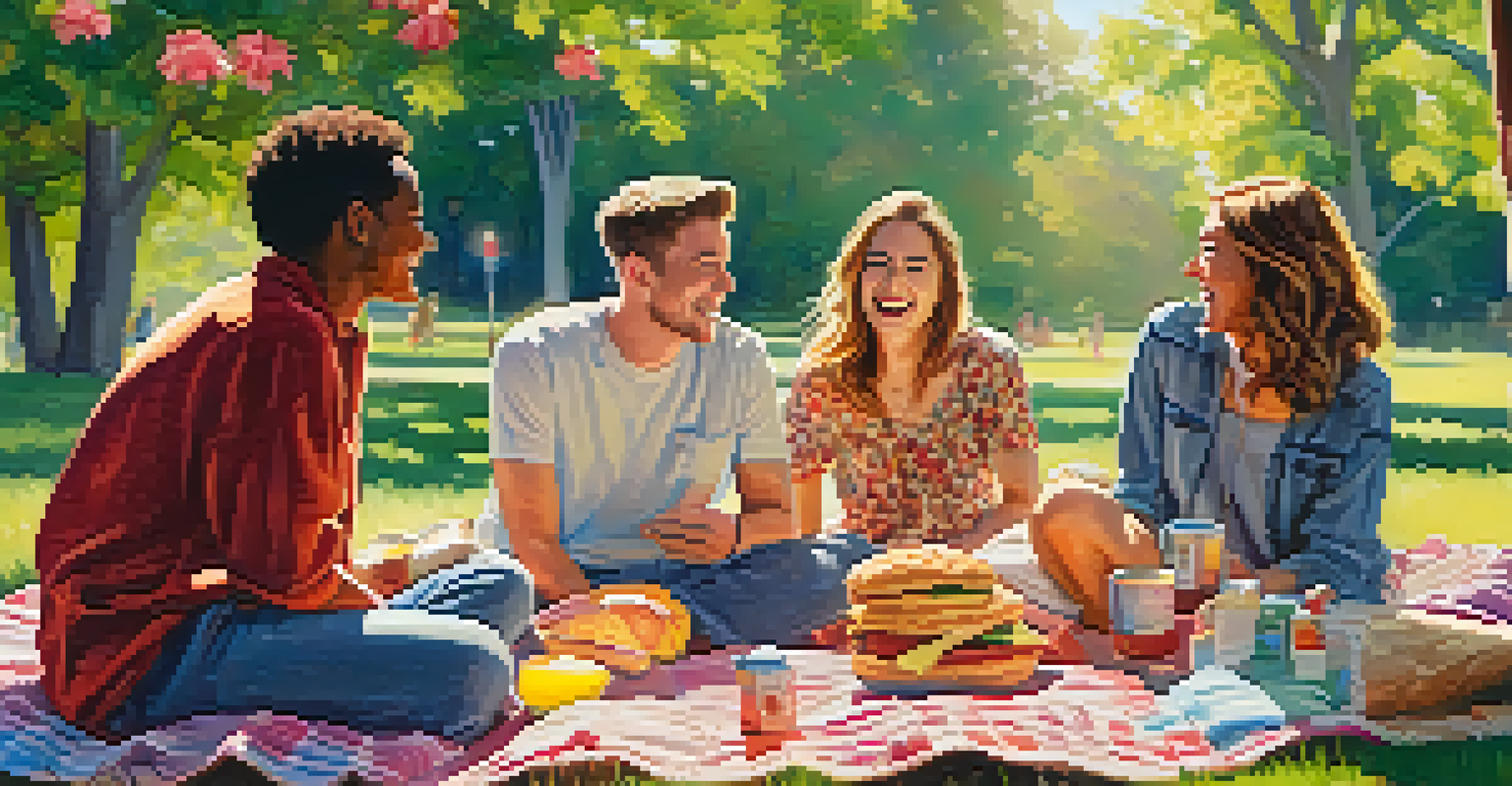 A group of friends having a picnic in a park, laughing and surrounded by food and flowers.