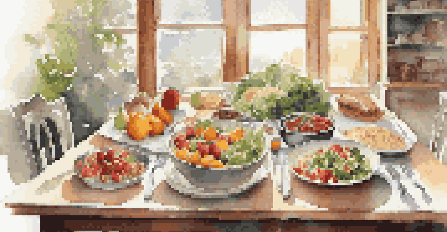 A dining table filled with healthy meals, including salads, fruits, and whole grains, in a bright setting.