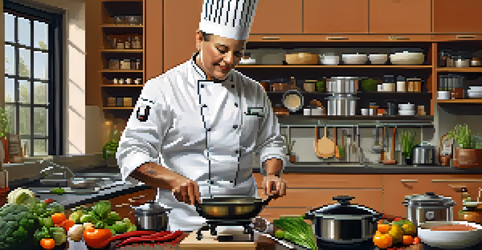 An expert chef demonstrating cooking techniques in a modern kitchen filled with spices and fresh produce.