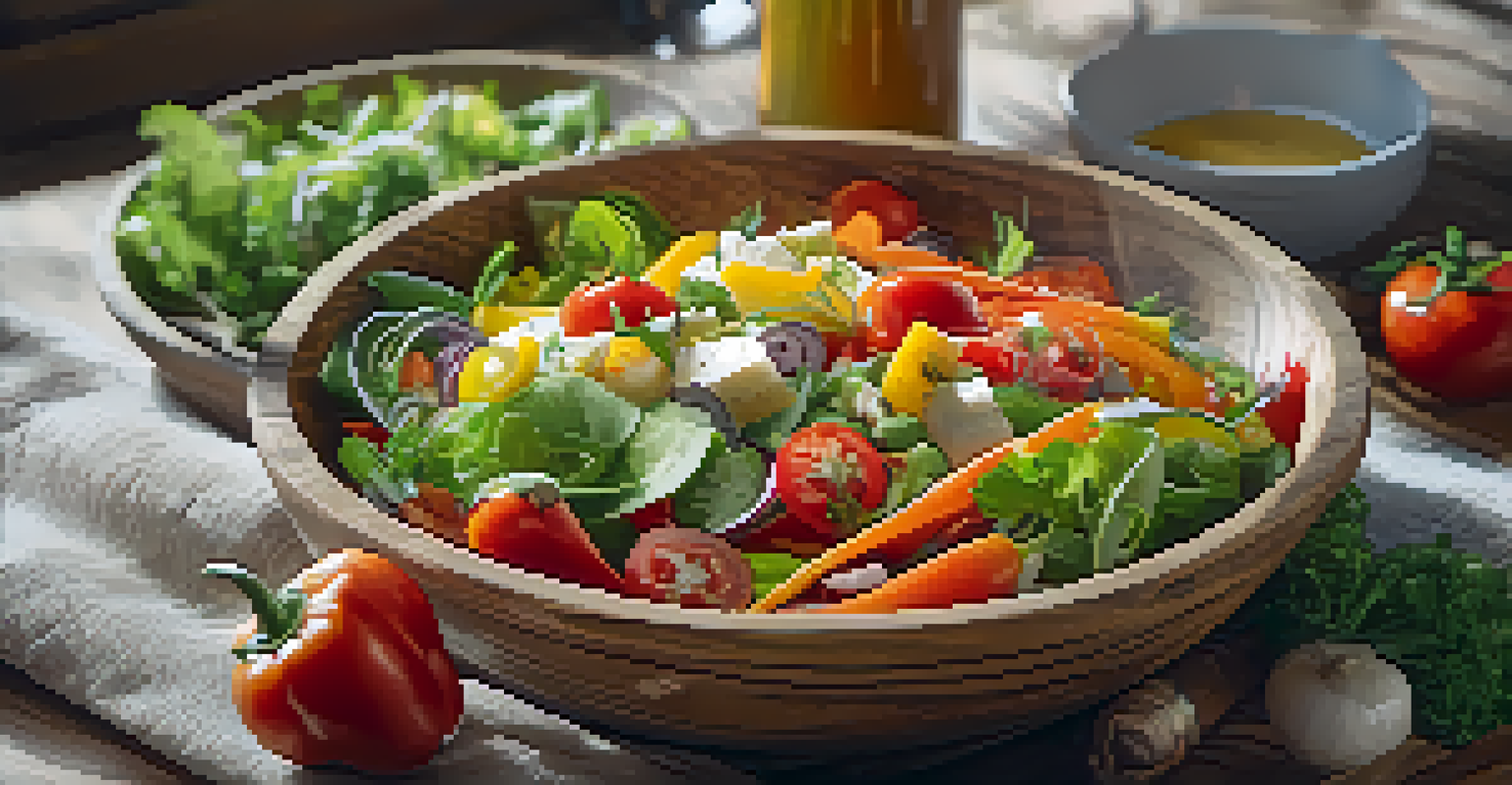 A colorful salad in a rustic wooden bowl, showcasing fresh vegetables and a light vinaigrette.