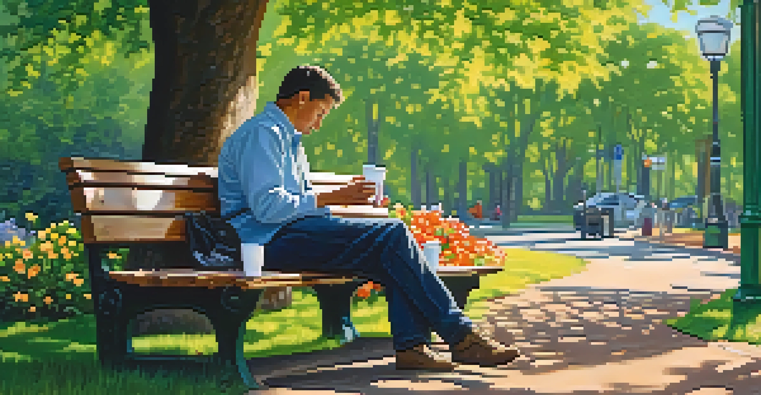 A person relaxing on a park bench with a coffee mug, surrounded by greenery and flowers.