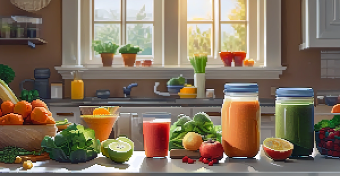 A colorful kitchen with fresh vegetables, fruits, and a smoothie, depicting healthy meal preparation.