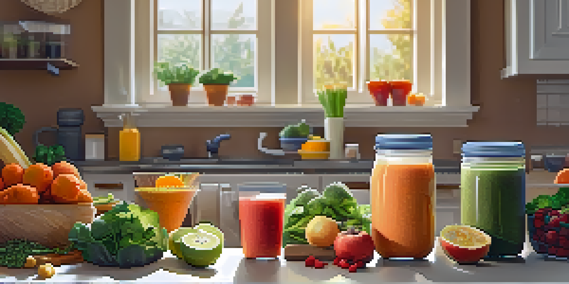 A colorful kitchen with fresh vegetables, fruits, and a smoothie, depicting healthy meal preparation.