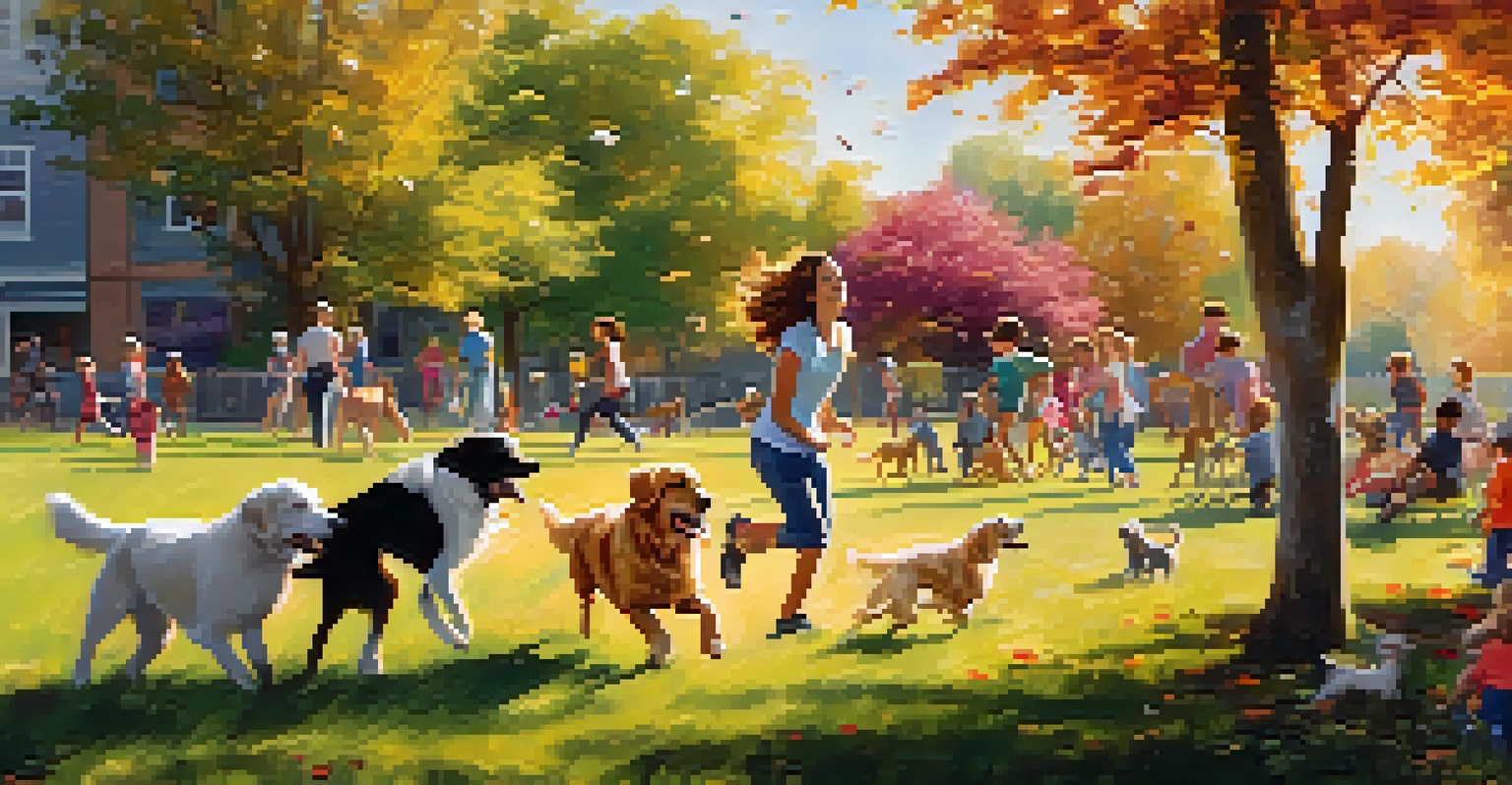 A lively dog park with people playing fetch and dogs running around in a sunny environment.