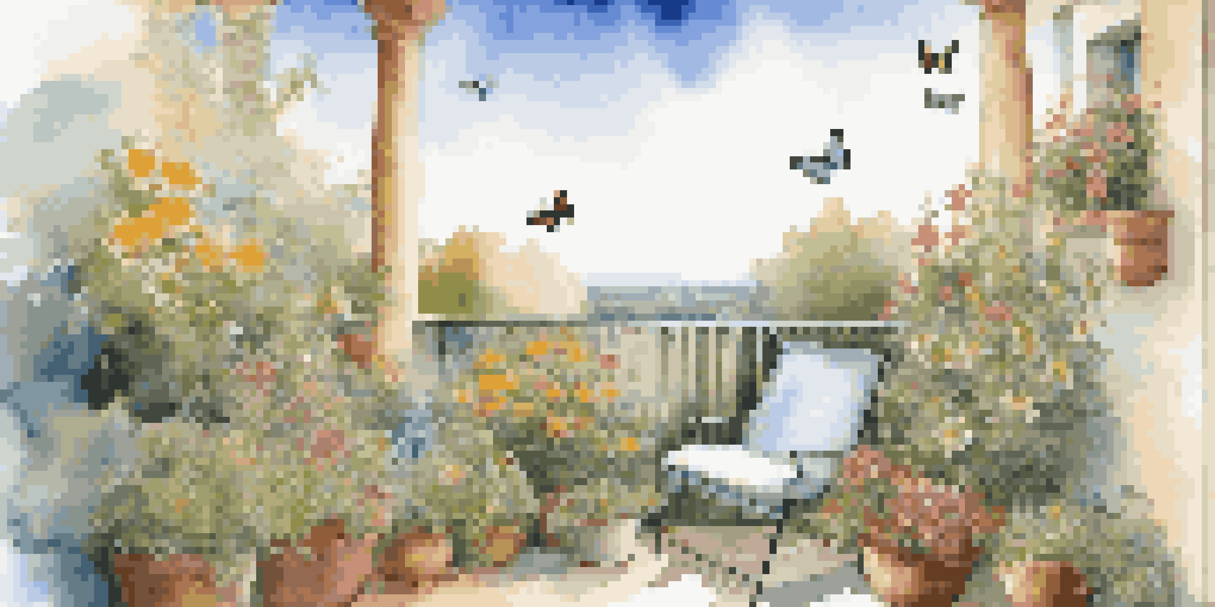 A small balcony garden filled with colorful flowers and herbs, with comfortable seating under a sunny sky and butterflies flying around.