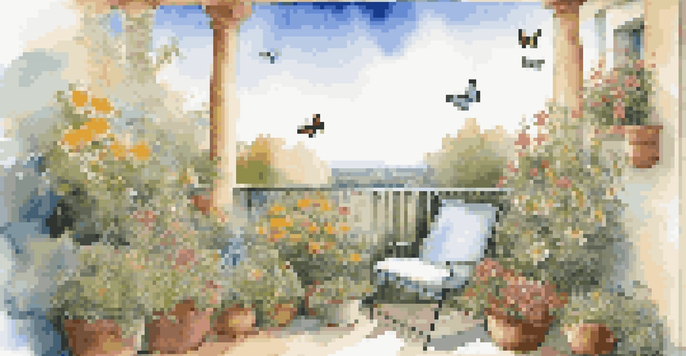 A small balcony garden filled with colorful flowers and herbs, with comfortable seating under a sunny sky and butterflies flying around.