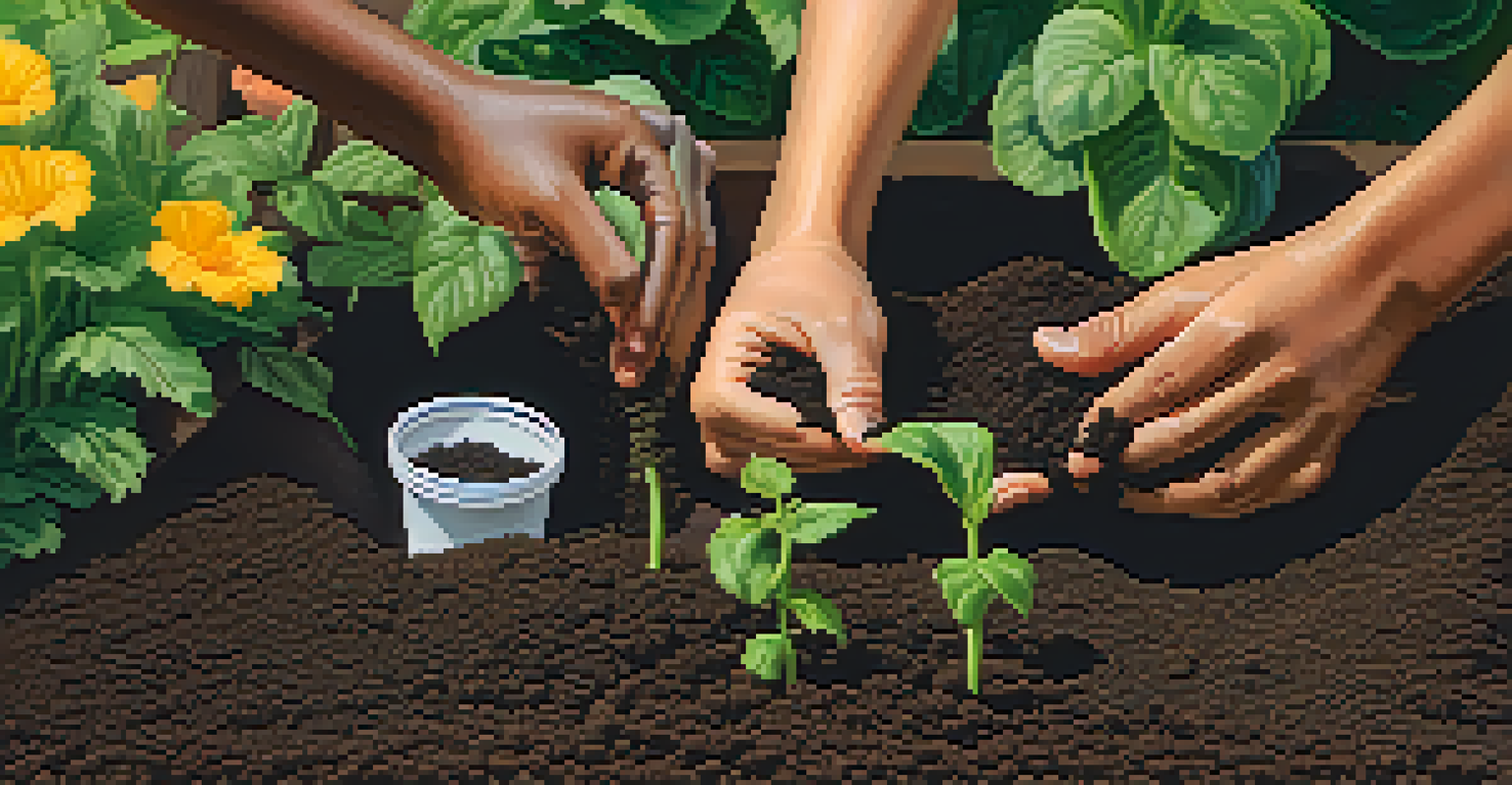 Close-up of diverse hands planting seeds in soil in a community garden.