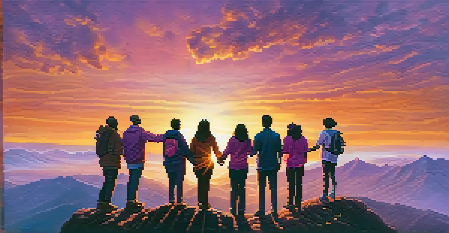 A group of diverse individuals on a mountain peak during sunrise, symbolizing unity and resilience.