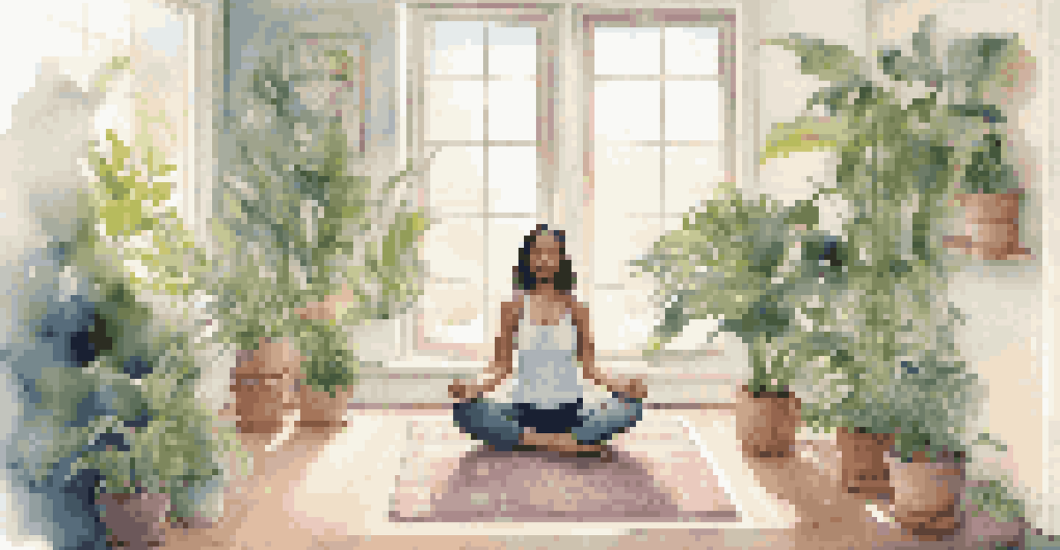 A person meditating in a calm, plant-filled space, illustrating the importance of relaxation for better sleep.
