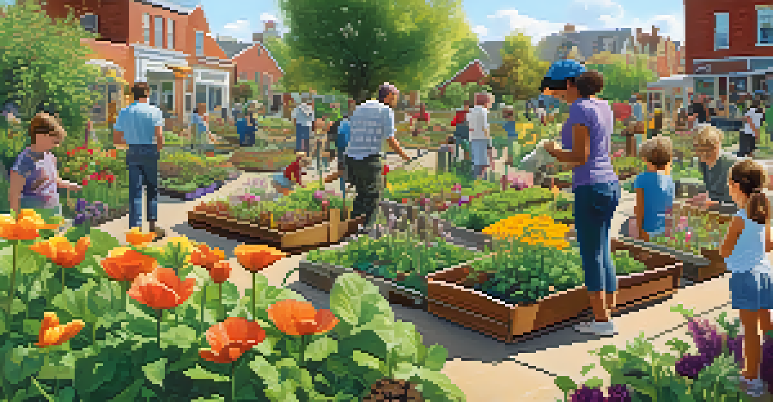 A lively community garden with people planting and children playing, surrounded by colorful plants.