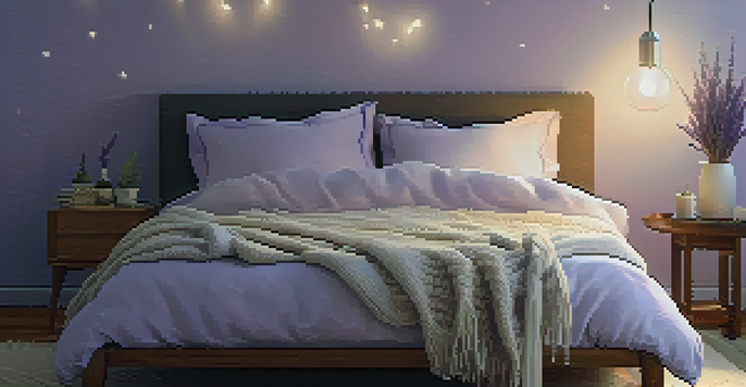 A cozy bedroom with a lavender diffuser, soft lighting, and a bed decorated with pillows and a knitted blanket.