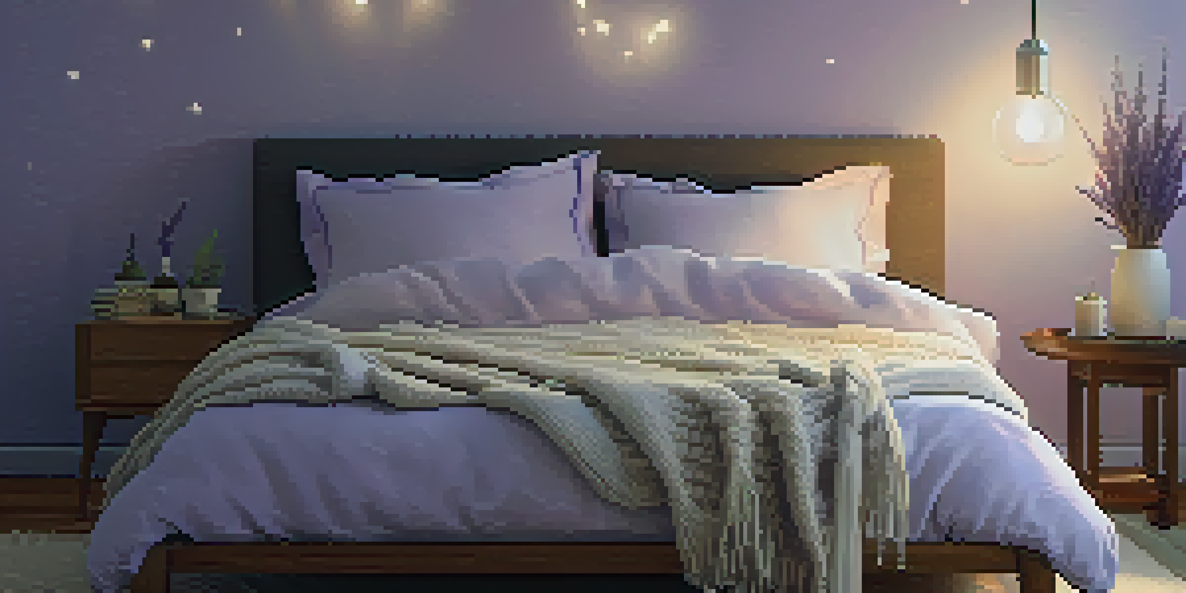 A cozy bedroom with a lavender diffuser, soft lighting, and a bed decorated with pillows and a knitted blanket.