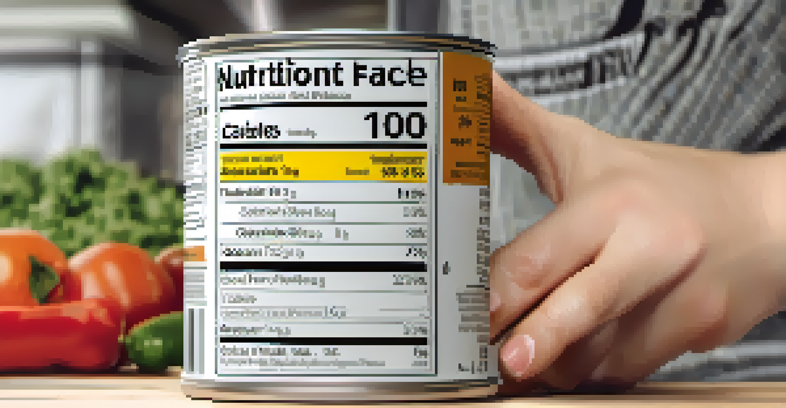 A close-up of a nutrition label with a chef's hand pointing at the serving size and nutrient details, against a blurred background.