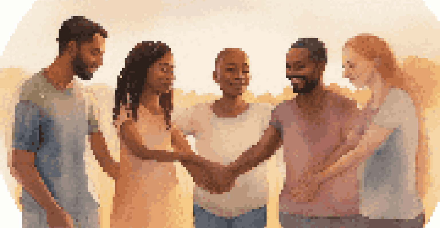A supportive circle of diverse friends holding hands, showing compassion and unity.