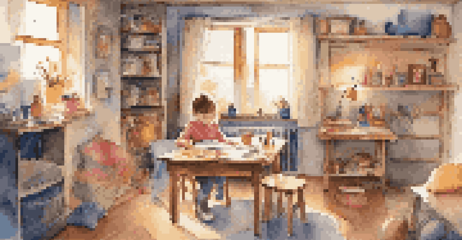 A child paints happily at a table in a cozy room filled with art supplies and a pillow fort, bathed in warm light.