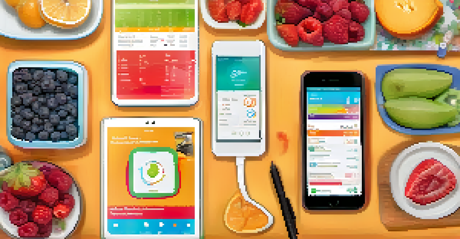 A smartphone with a health app interface surrounded by fruits and a notepad on a kitchen countertop.