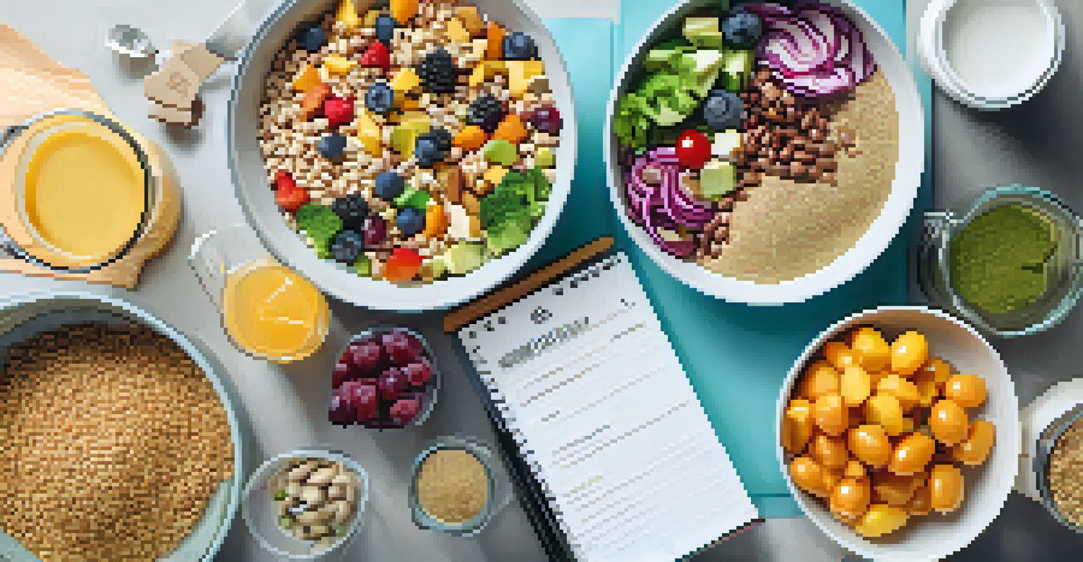 A personalized nutrition plan with healthy meal prep containers and a notebook on a table.
