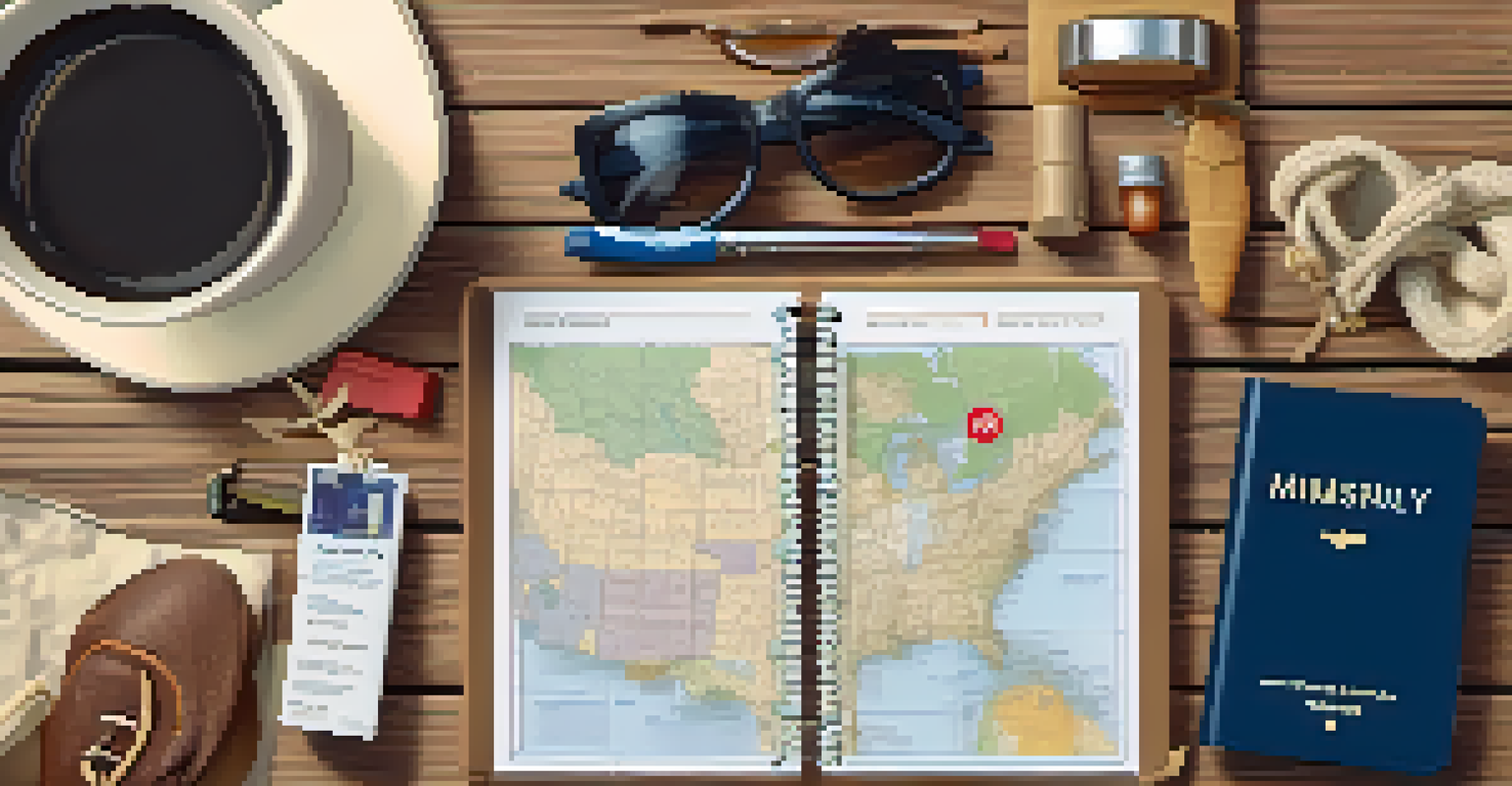 An overhead view of a travel checklist with essentials, snacks, a map, and a travel guide on a wooden table.