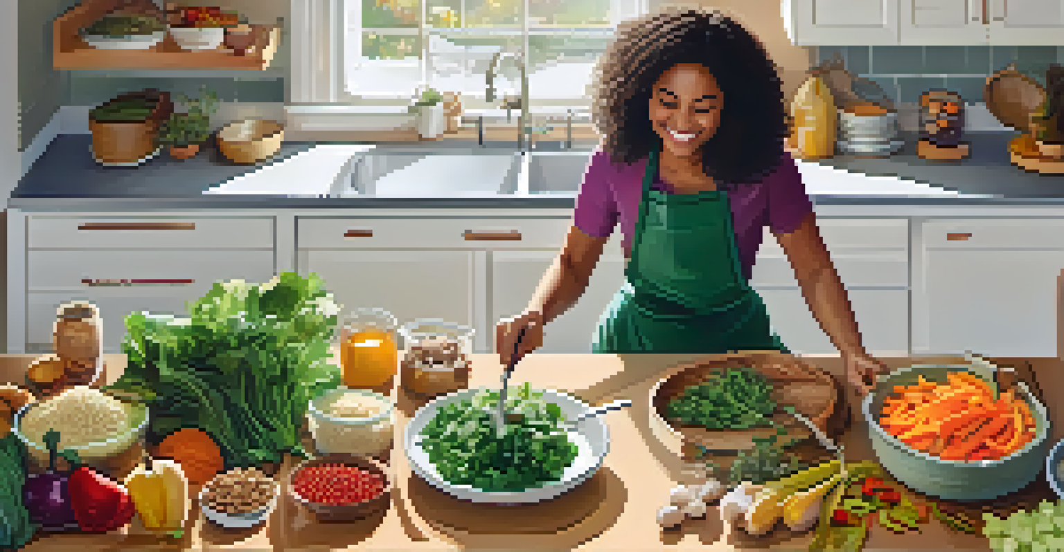 A person happily preparing a healthy meal with fresh ingredients in a bright kitchen.