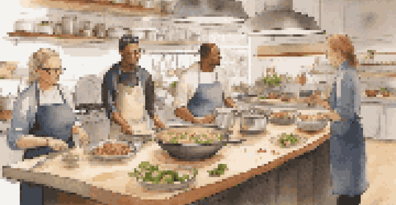 A cooking class with a diverse group of people gathered around a kitchen island, watching a chef demonstrate cooking techniques in a warm, inviting atmosphere.