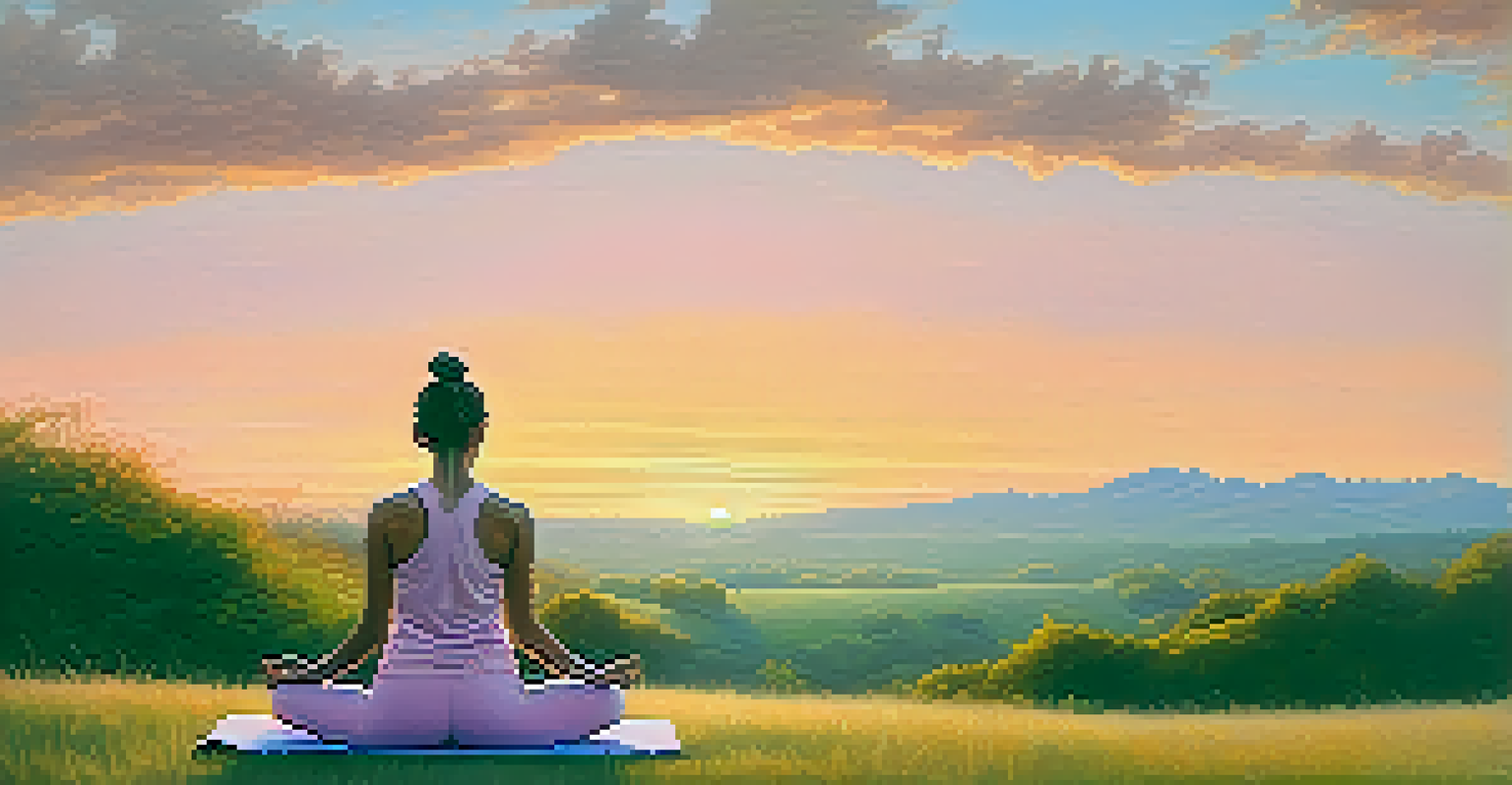A person doing yoga on a hill at sunset, surrounded by a colorful sky and lush greenery.