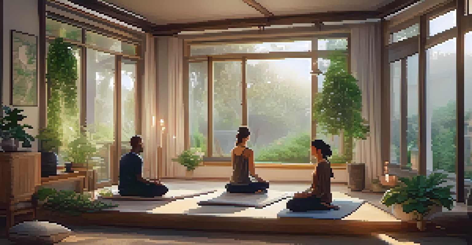 A cozy indoor retreat space with participants meditating in a circle, surrounded by soft lighting and a view of a garden.