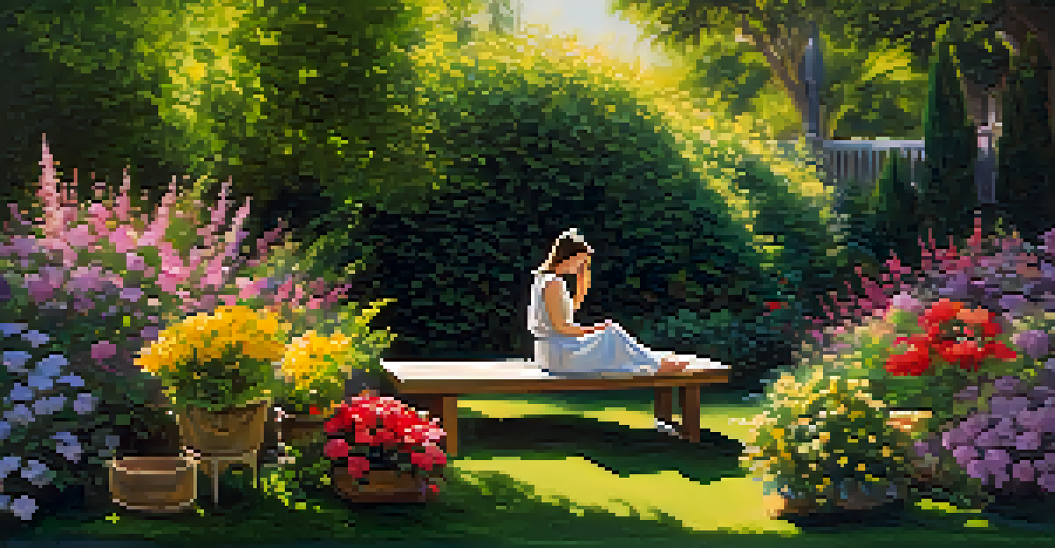 A woman sitting in a garden, enjoying a mindfulness moment surrounded by colorful flowers and sunlight.