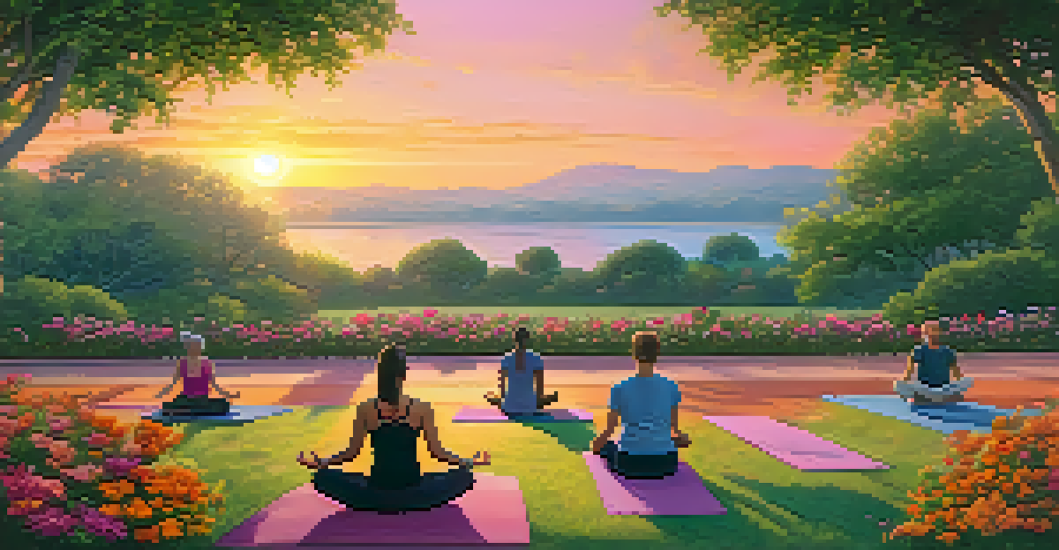A diverse group of people meditating in a park at sunset, surrounded by nature.