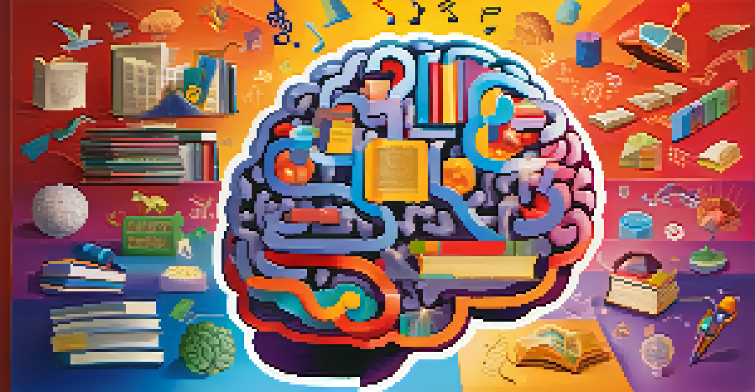 A colorful illustration of a brain surrounded by icons of books, music, and language, representing mental stimulation and cognitive health.