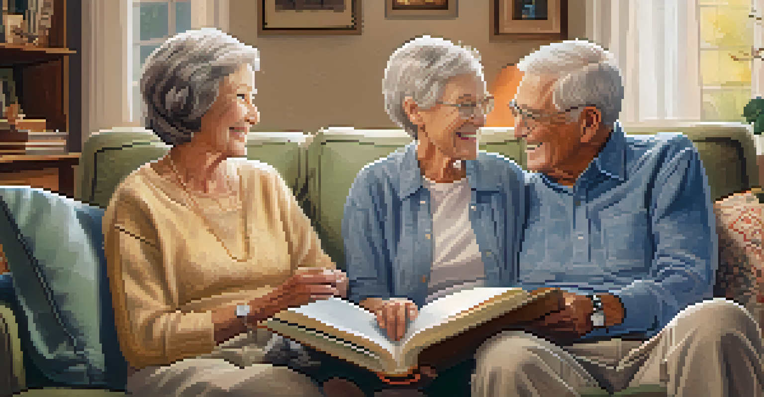 An elderly couple looking at a photo album and laughing together in a cozy, warmly lit living room.