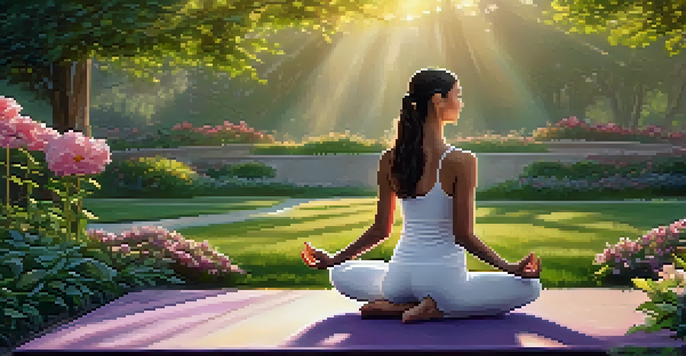 A person practicing yoga in a peaceful park at sunrise, surrounded by greenery and flowers.