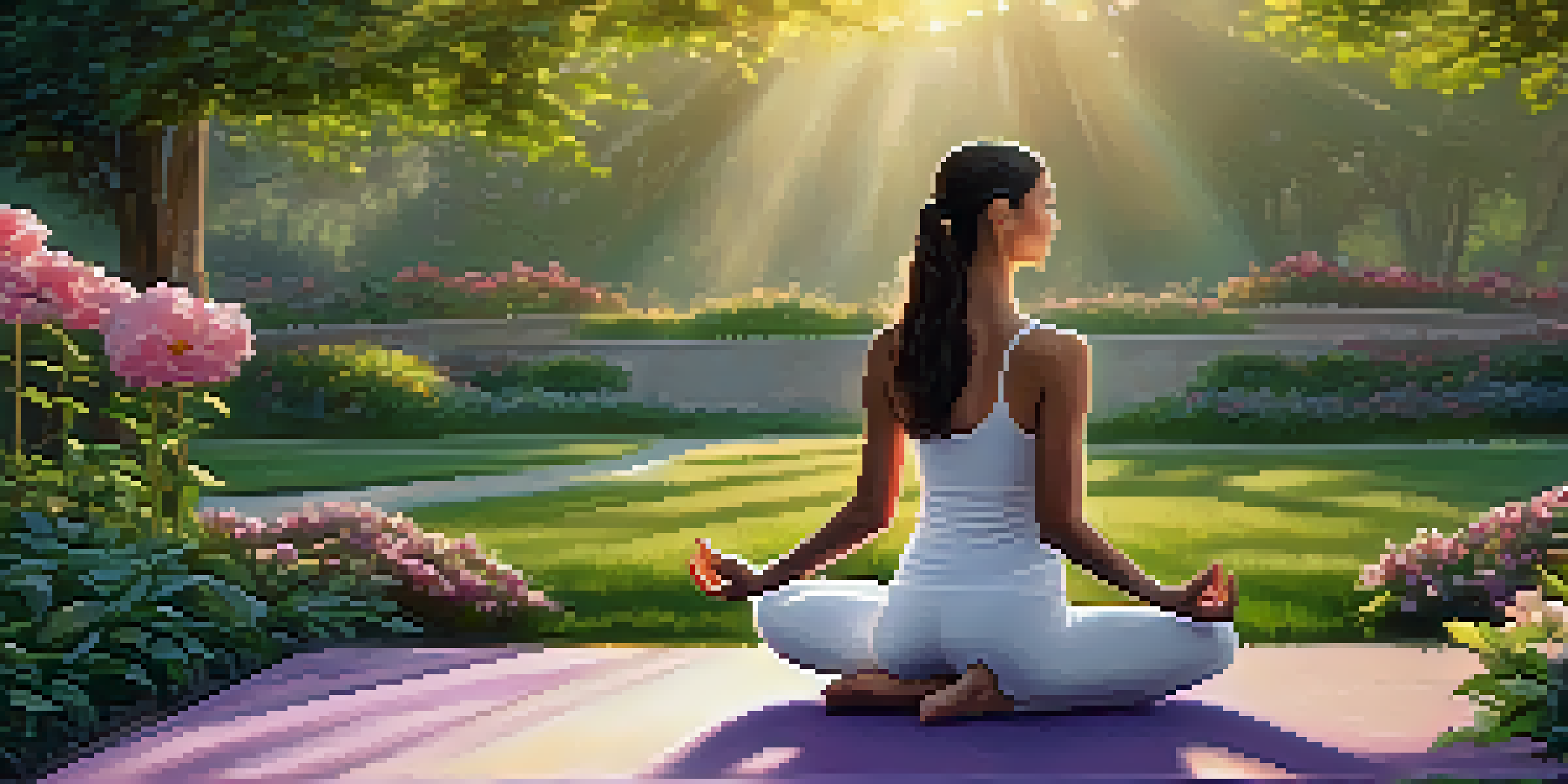 A person practicing yoga in a peaceful park at sunrise, surrounded by greenery and flowers.