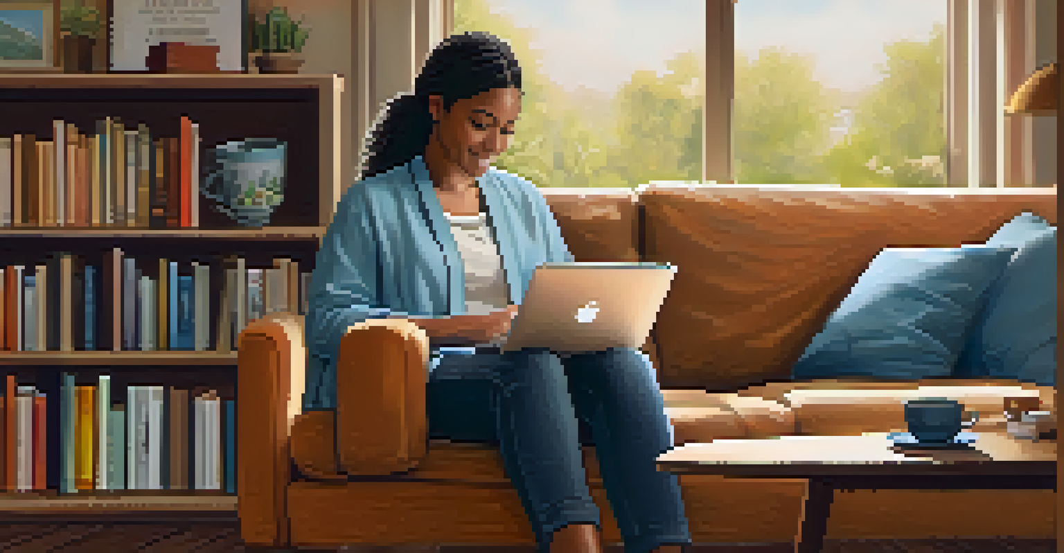 A person on a couch holding a tablet for a telehealth session, with a cozy room and warm lighting.