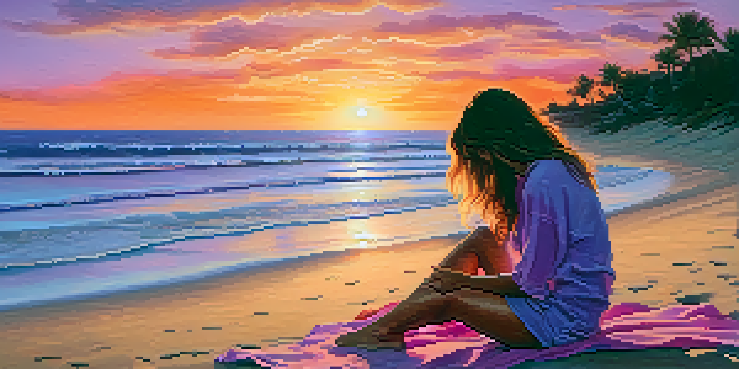 A serene beach at sunset with a person meditating on the sand, surrounded by colorful skies and gentle waves.