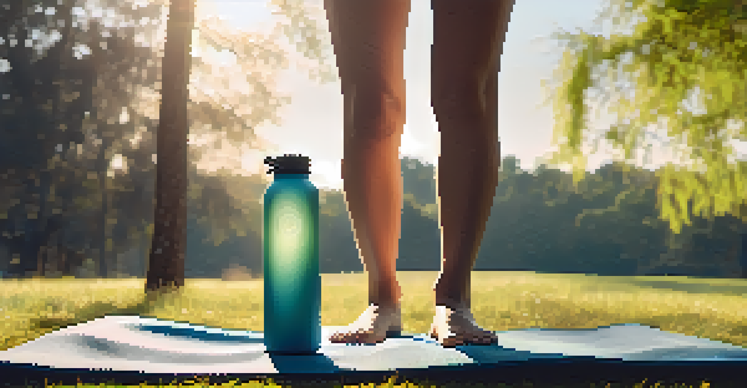 A person holding a reusable water bottle next to a yoga mat in a grassy field, with sunlight filtering through trees, highlighting hydration for recovery.