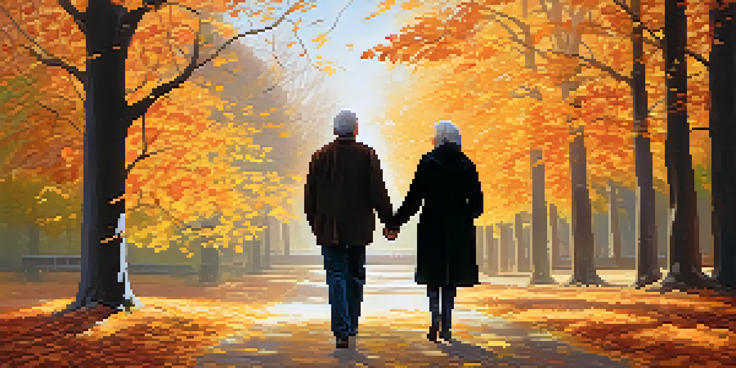 A mature couple walking hand in hand through a sunlit park with autumn leaves.