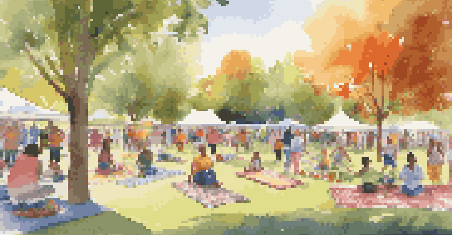A lively community gathering with families doing yoga and dancing in a park, surrounded by picnic blankets and traditional foods, illuminated by sunlight.
