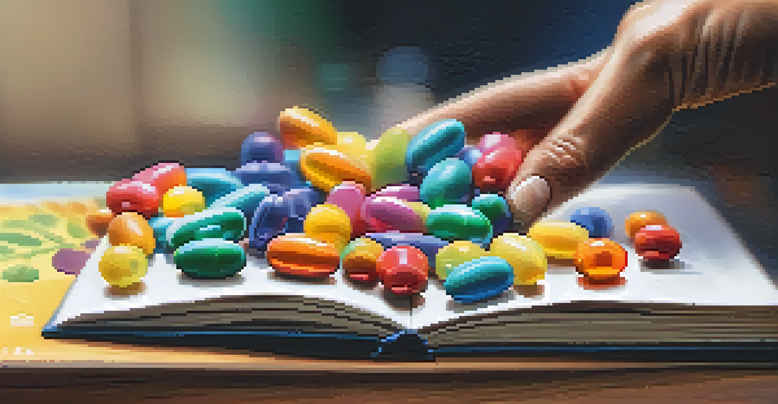 A close-up of a hand holding colorful capsules and tablets, with a health and wellness book in the background.