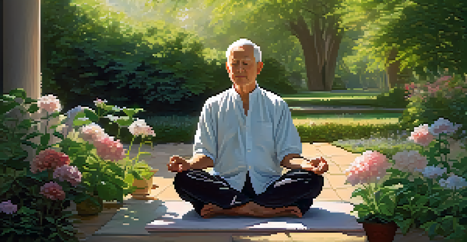 An older adult meditating in a tranquil garden with greenery and flowers, representing mindfulness and relaxation for mental well-being.