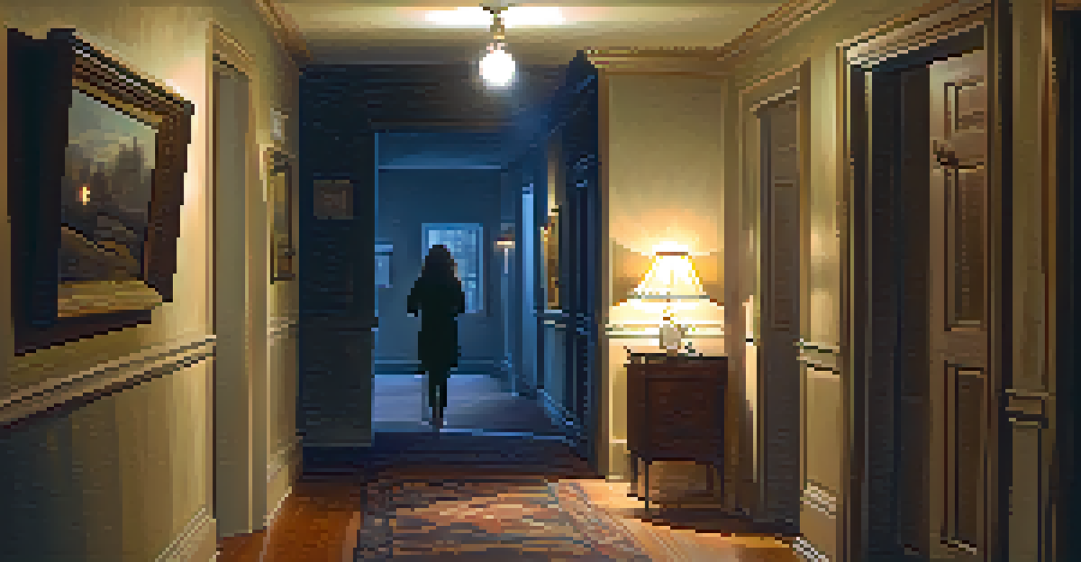 A person sleepwalking in a softly lit hallway, with family photos on the walls and a warm glow from a lamp creating a mysterious atmosphere.