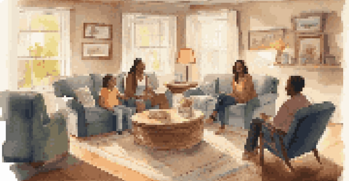 A diverse family seated in a cozy living room, engaged in an open and supportive conversation, with sunlight streaming in.