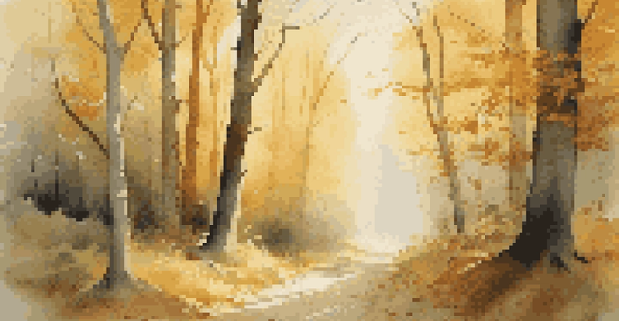 A peaceful autumn forest with golden leaves and a winding path illuminated by soft sunlight.