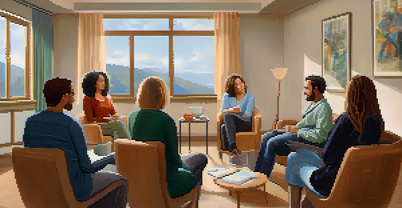 A cozy support group meeting with individuals sharing experiences about sleep disorders in a warm, inviting room.