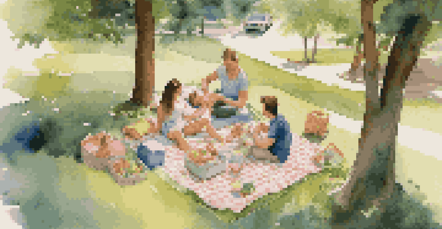 A family having a picnic in a park with a portable crib and children playing, surrounded by nature.