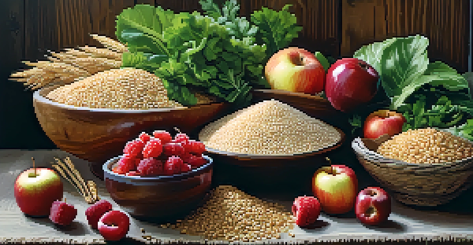 A colorful arrangement of low-GI foods including quinoa, brown rice, berries, and leafy greens on a wooden table.