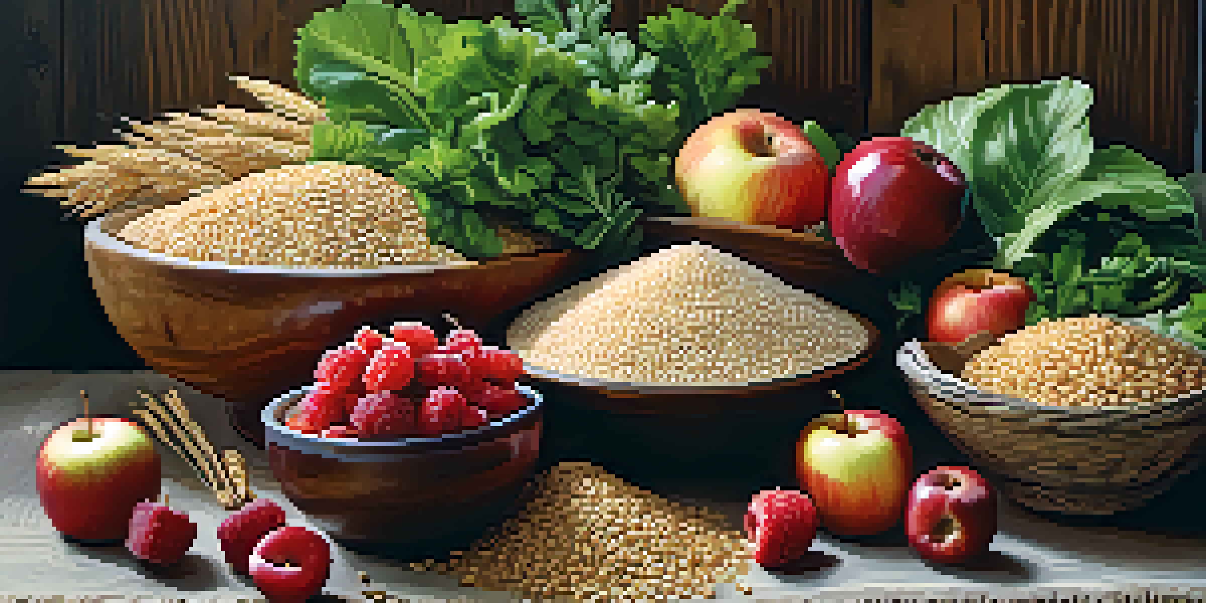 A colorful arrangement of low-GI foods including quinoa, brown rice, berries, and leafy greens on a wooden table.