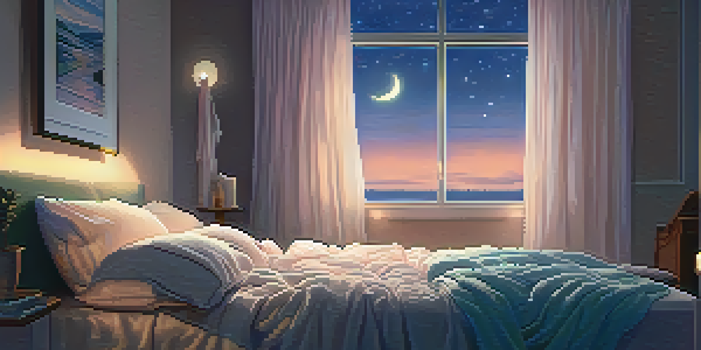 A peaceful bedroom with a person sleeping, soft moonlight illuminating the room and gentle curtains moving with the breeze.