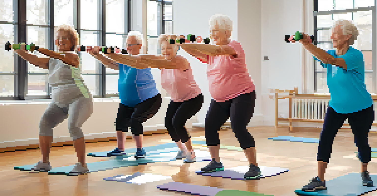 A group of seniors in a strength training class, using light weights and smiling while following an instructor in a bright studio.