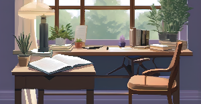 A peaceful study area with a person practicing mindful breathing, soft lighting, and calming decor.