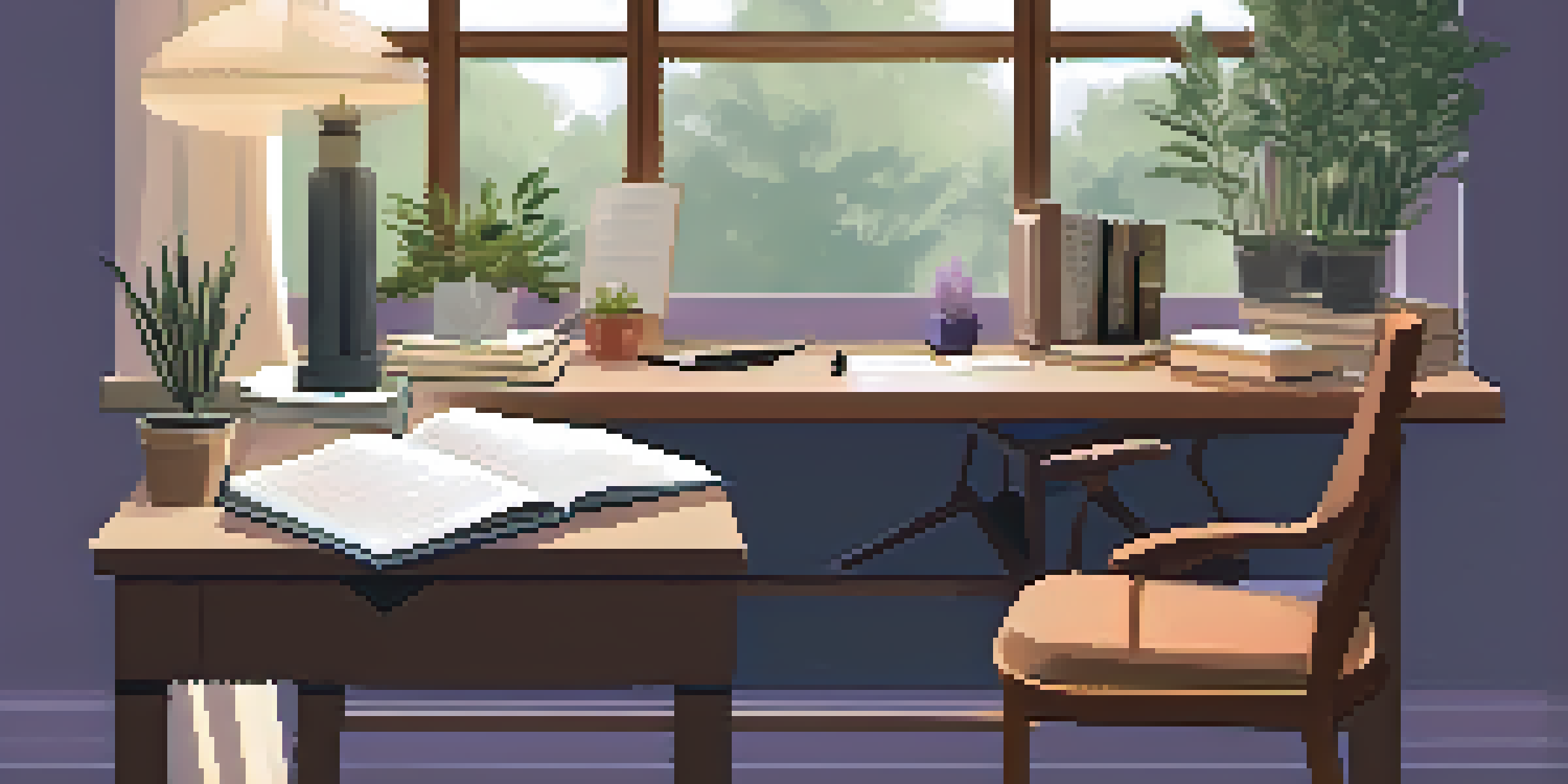 A peaceful study area with a person practicing mindful breathing, soft lighting, and calming decor.